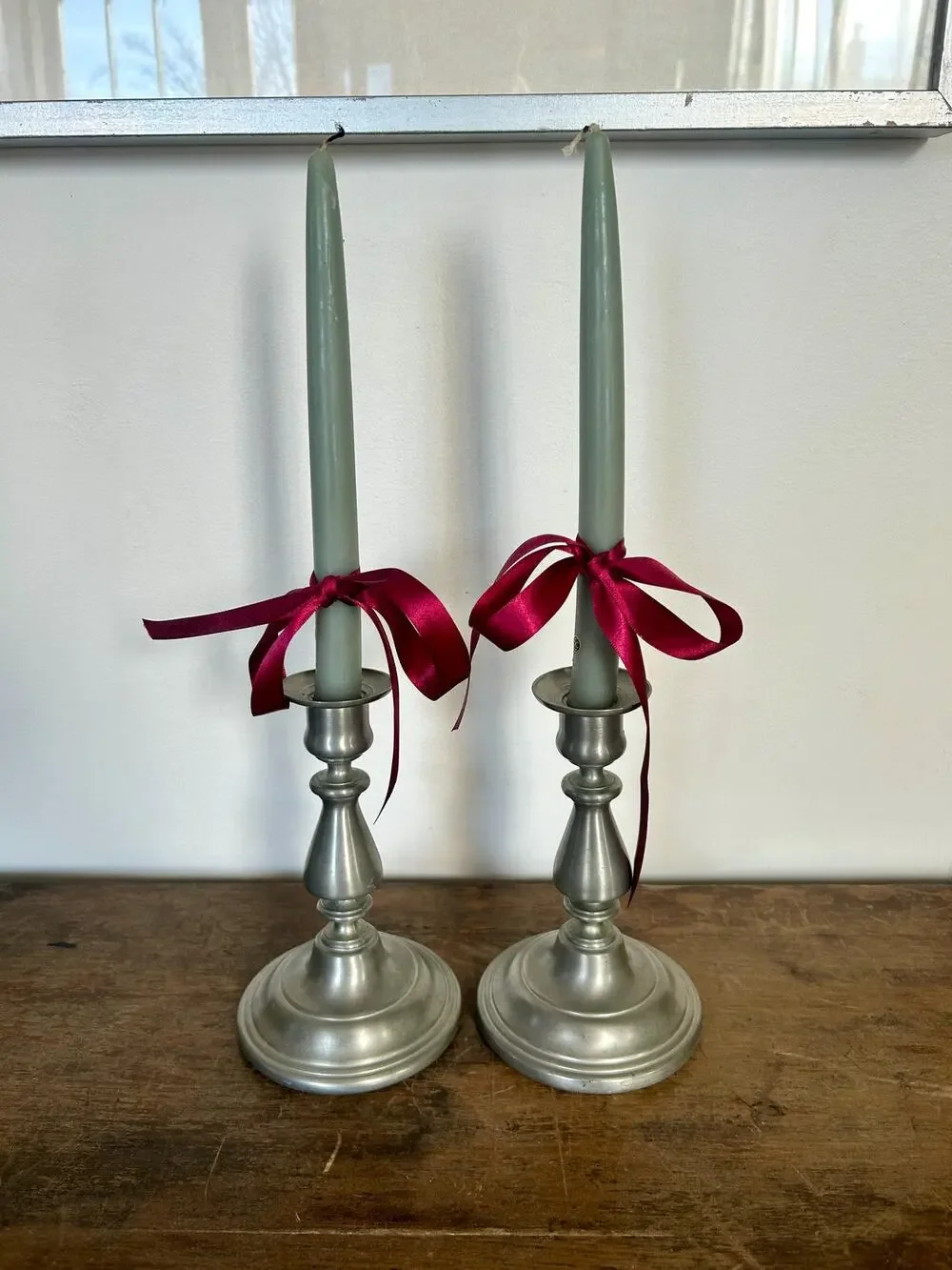 Vintage Pair of Pewter Candlesticks | Cottagecore Colonial Silver Candleholders